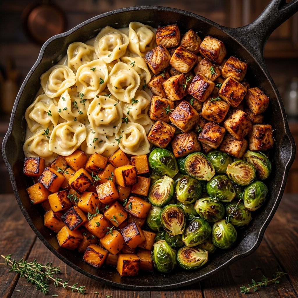Creamy chicken and tortellini skillet with butternut squash and kale in a white pan