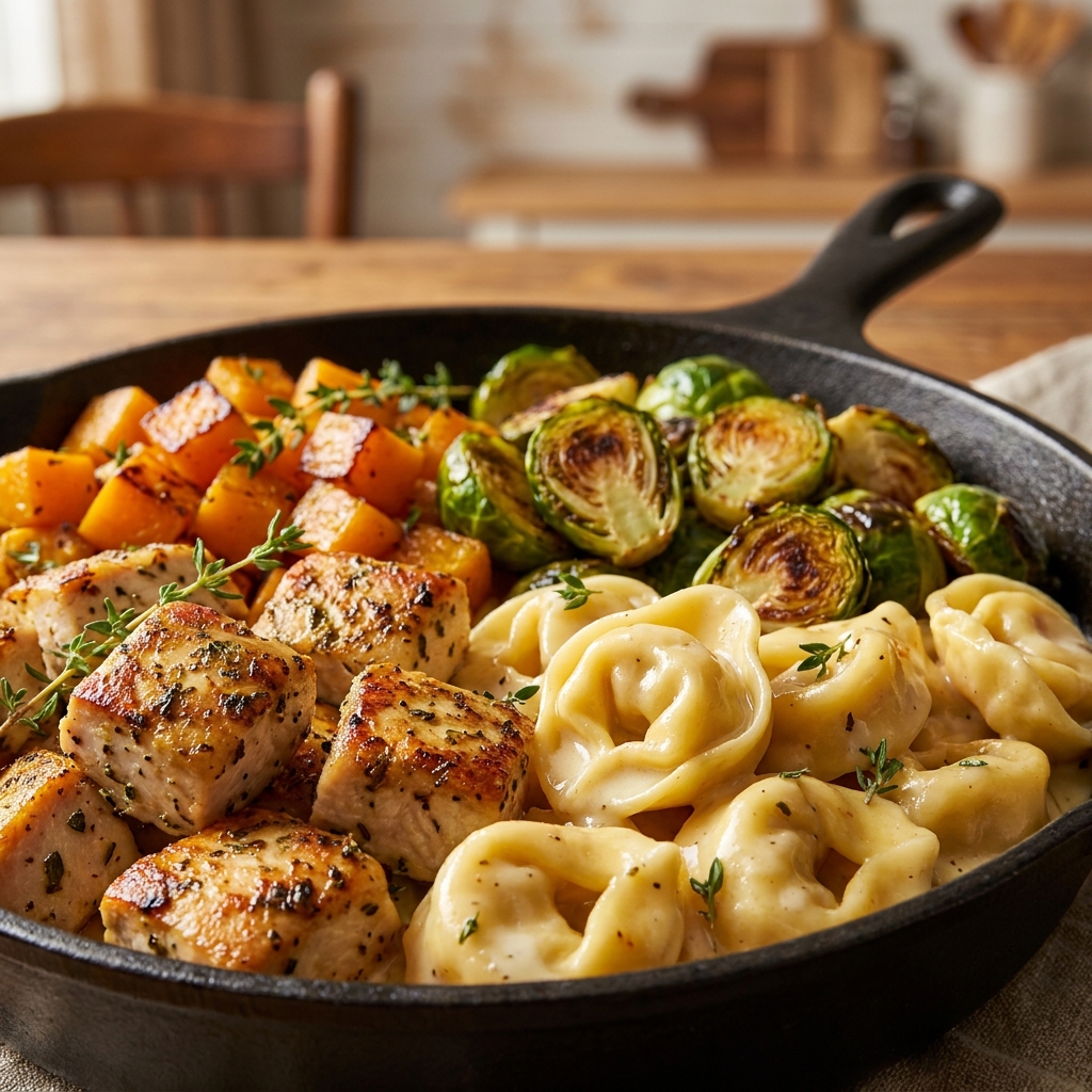 Chicken browning in a skillet next to chopped butternut squash