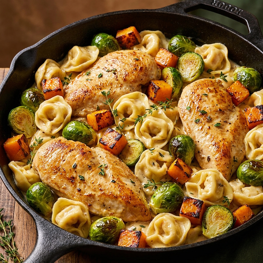 Finished chicken and tortellini skillet garnished with crispy sage leaves