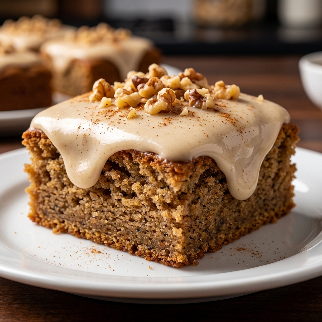Fudgy banana bread brownies stacked on a white plate with a glass of milk