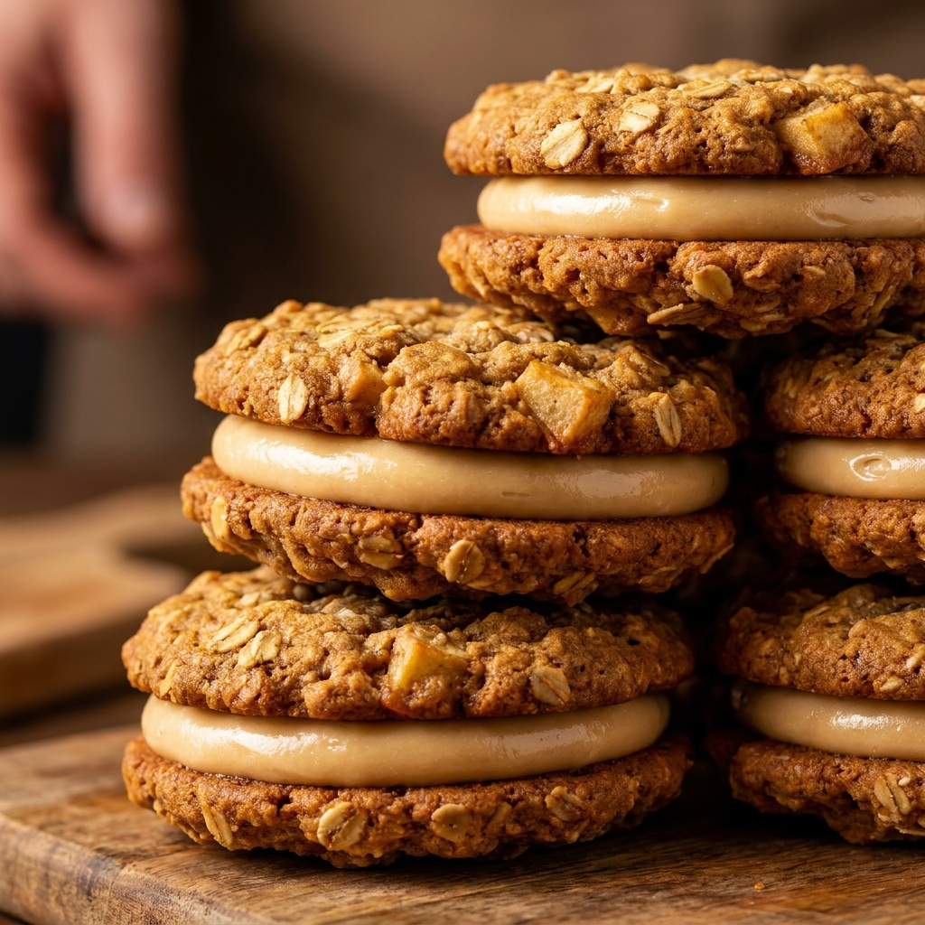 A close-up of a brown butter apple oatmeal cream pie with a bite taken out, revealing the thick salted caramel cream cheese filling.