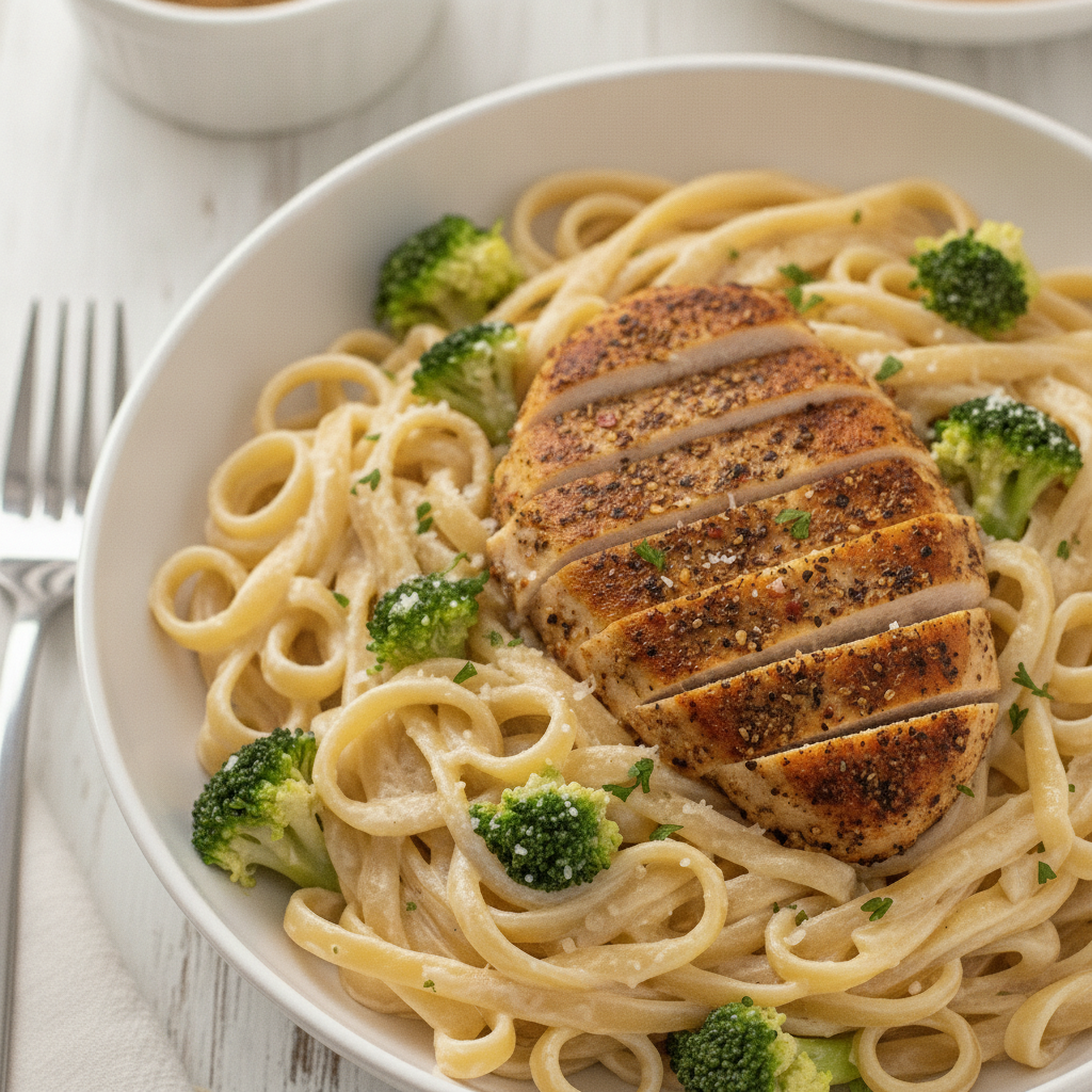 Searing chicken strips in a skillet for chicken broccoli Alfredo