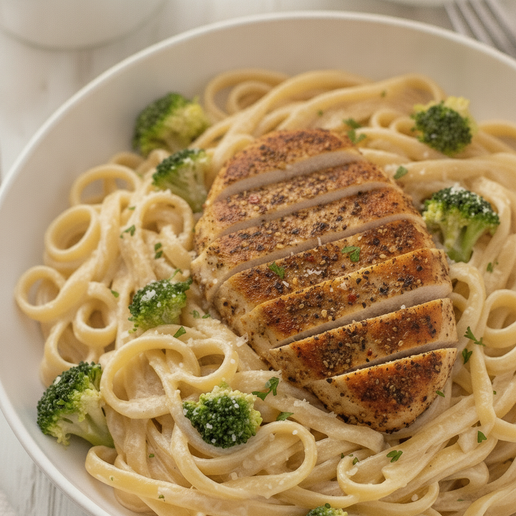 Plated chicken broccoli Alfredo with fettuccine, broccoli, and sauce