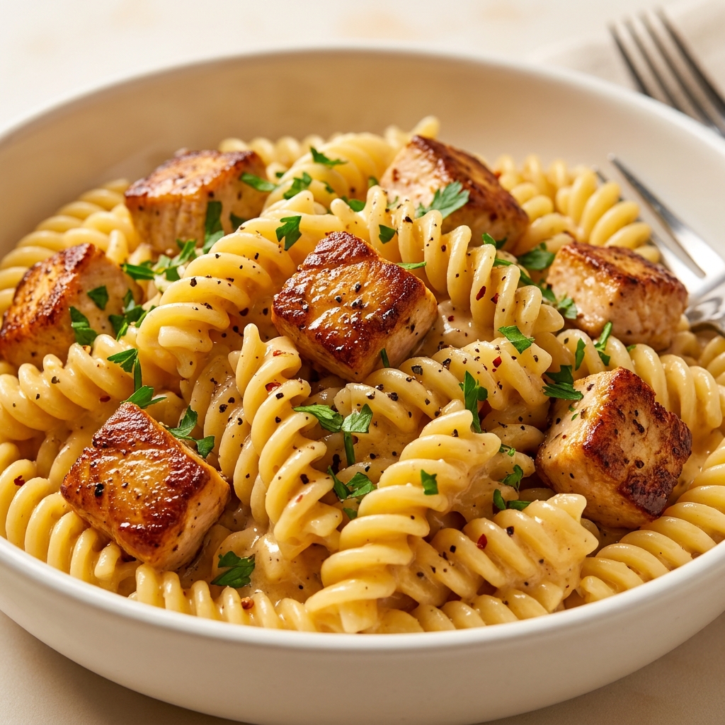 Finished cowboy butter chicken pasta on a plate with grated Parmesan