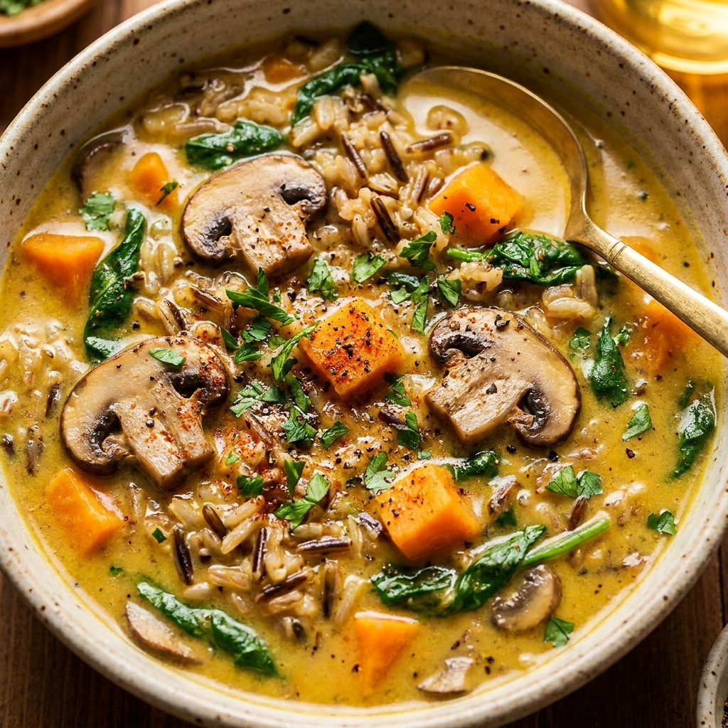 Bowl of creamy wild rice soup with autumn vegetables