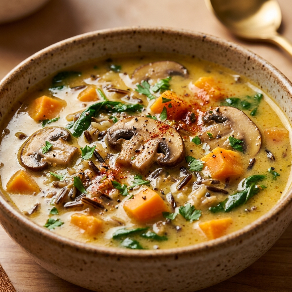 Steaming bowl of wild rice soup garnished with herbs