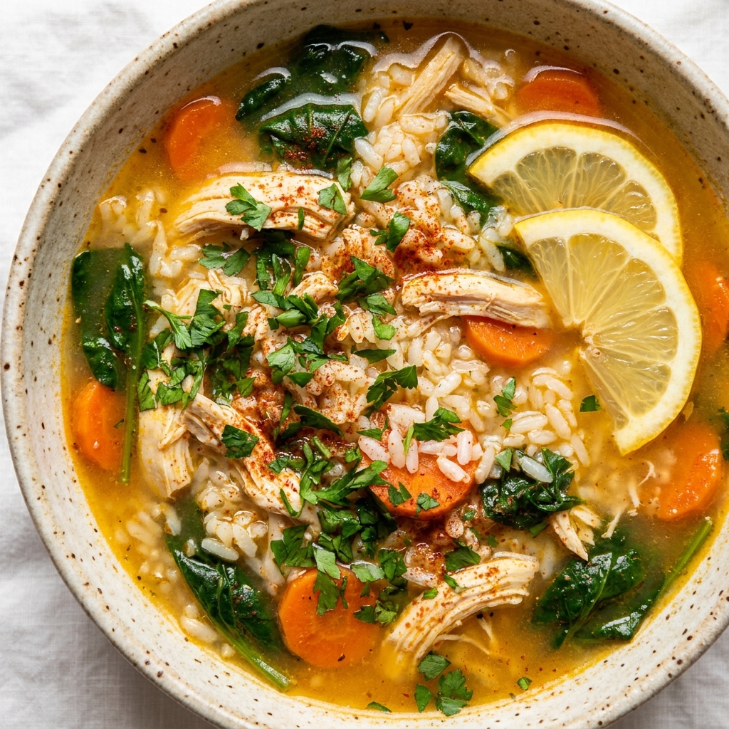 Chicken and Rice Soup in a bowl with fresh herbs