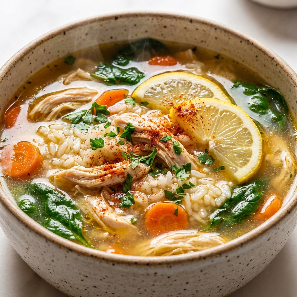 Finished Chicken and Rice Soup with parsley garnish