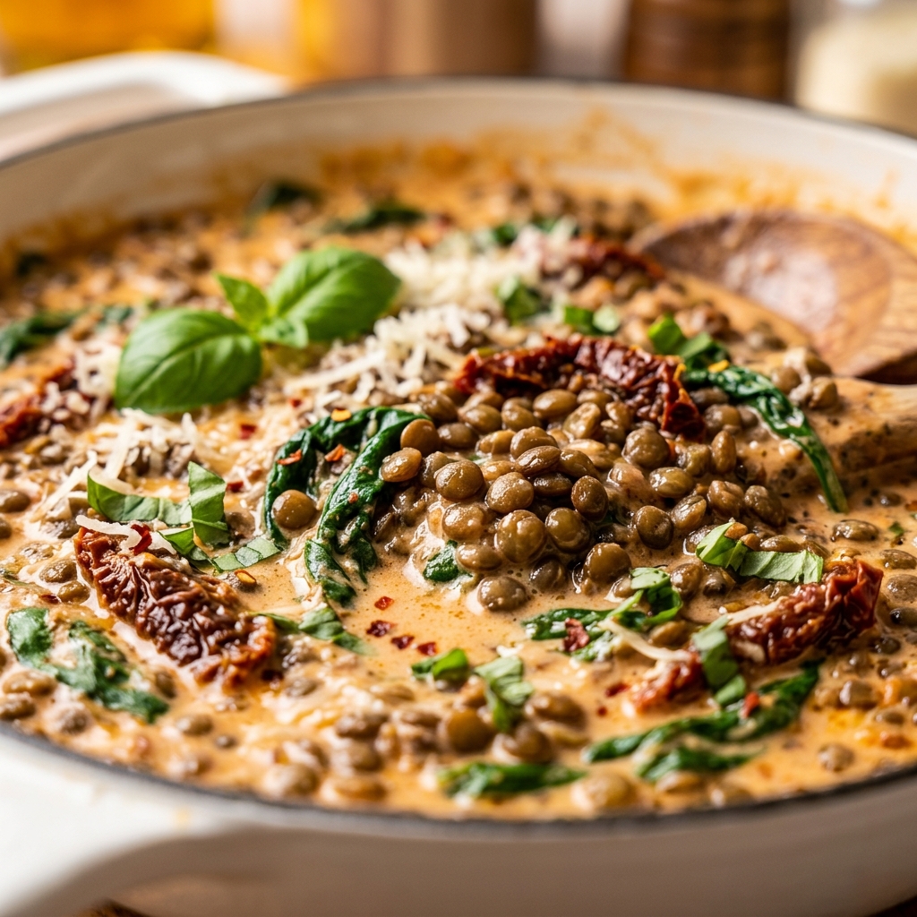 Aromatics sizzling in a skillet with garlic and sun-dried tomatoes
