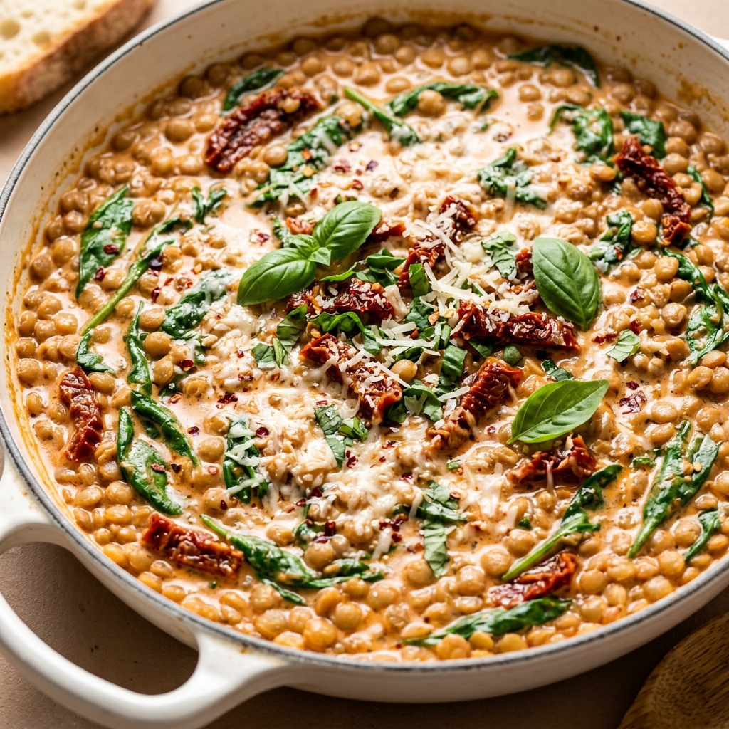 Finished creamy marry me lentils in a white bowl, topped with parmesan