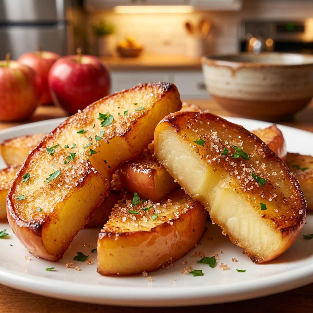 Slicing a crisp apple into wedges on a wooden cutting board for apple fries
