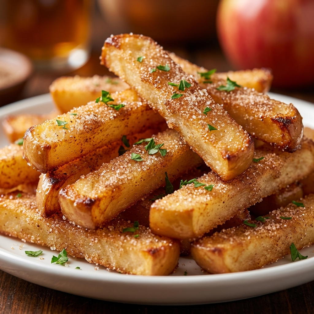 Golden brown apple fries served in a bowl with a scoop of vanilla ice cream