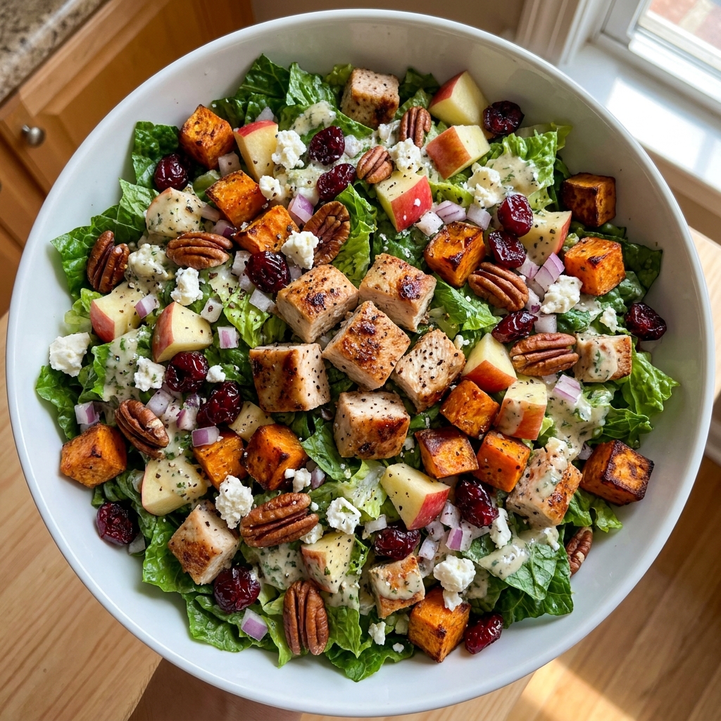 A vibrant bowl of chicken chopped salad with apples, cranberries, and walnuts, topped with crumbled blue cheese.