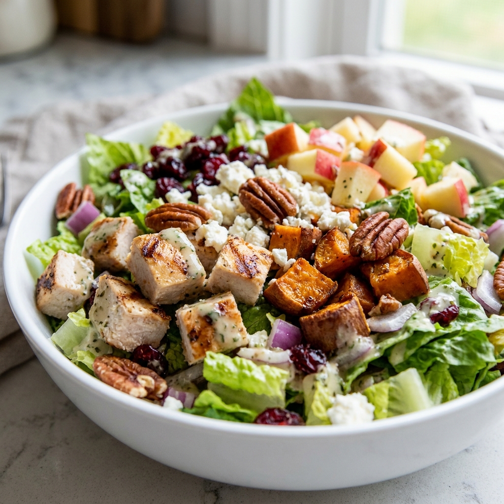 Hands tossing a large bowl of chopped romaine, kale, chicken, apples, and walnuts with a wooden fork.