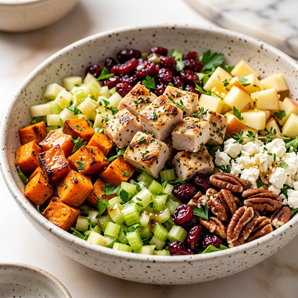 Finished chicken chopped salad in a white bowl with feta, bacon, and almonds