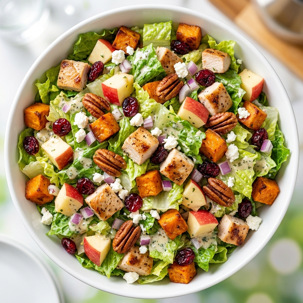 Plated chicken chopped salad in a white bowl, garnished with extra walnuts and a drizzle of vinaigrette.
