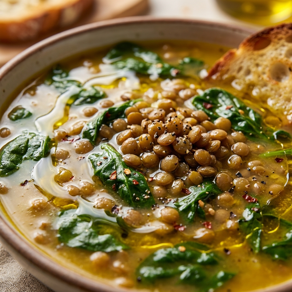 Bowl of hearty Italian lentil and spinach soup topped with Parmesan cheese