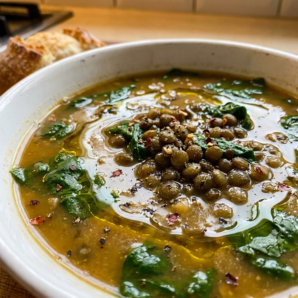 Step-by-step cooking of lentil soup in a Dutch oven with garlic and herbs