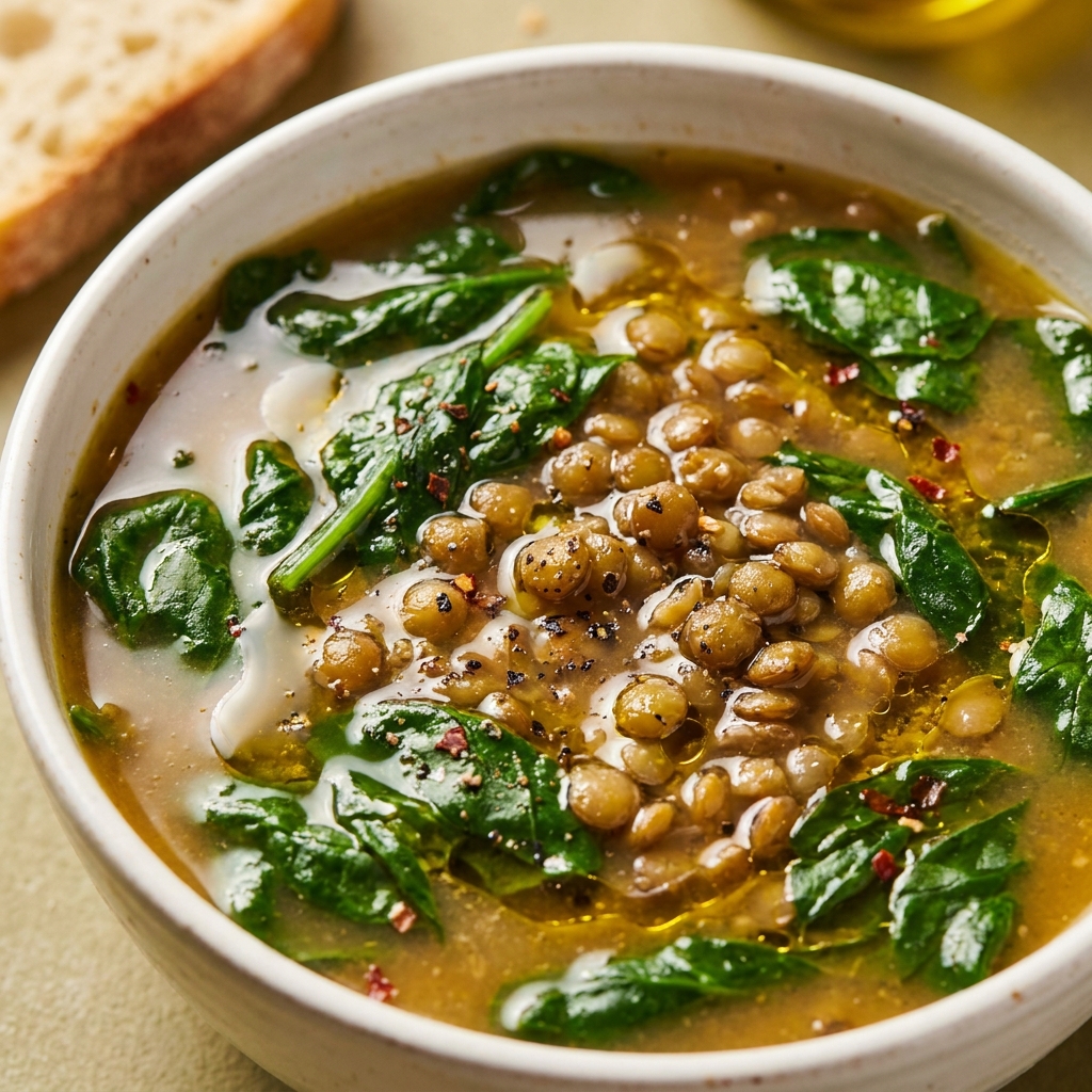 Finished lentil soup garnished with fresh spinach and a drizzle of olive oil