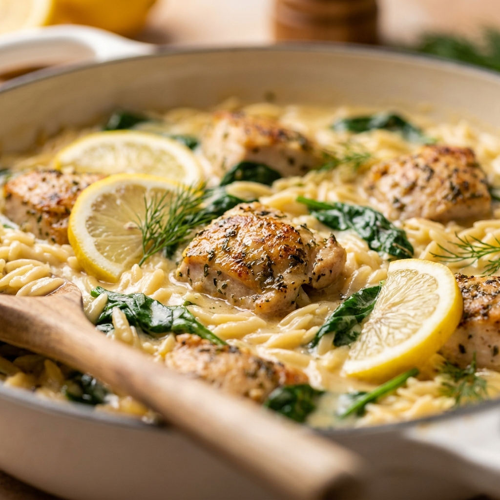 Cooking orzo and chicken together in a deep skillet with lemon slices visible