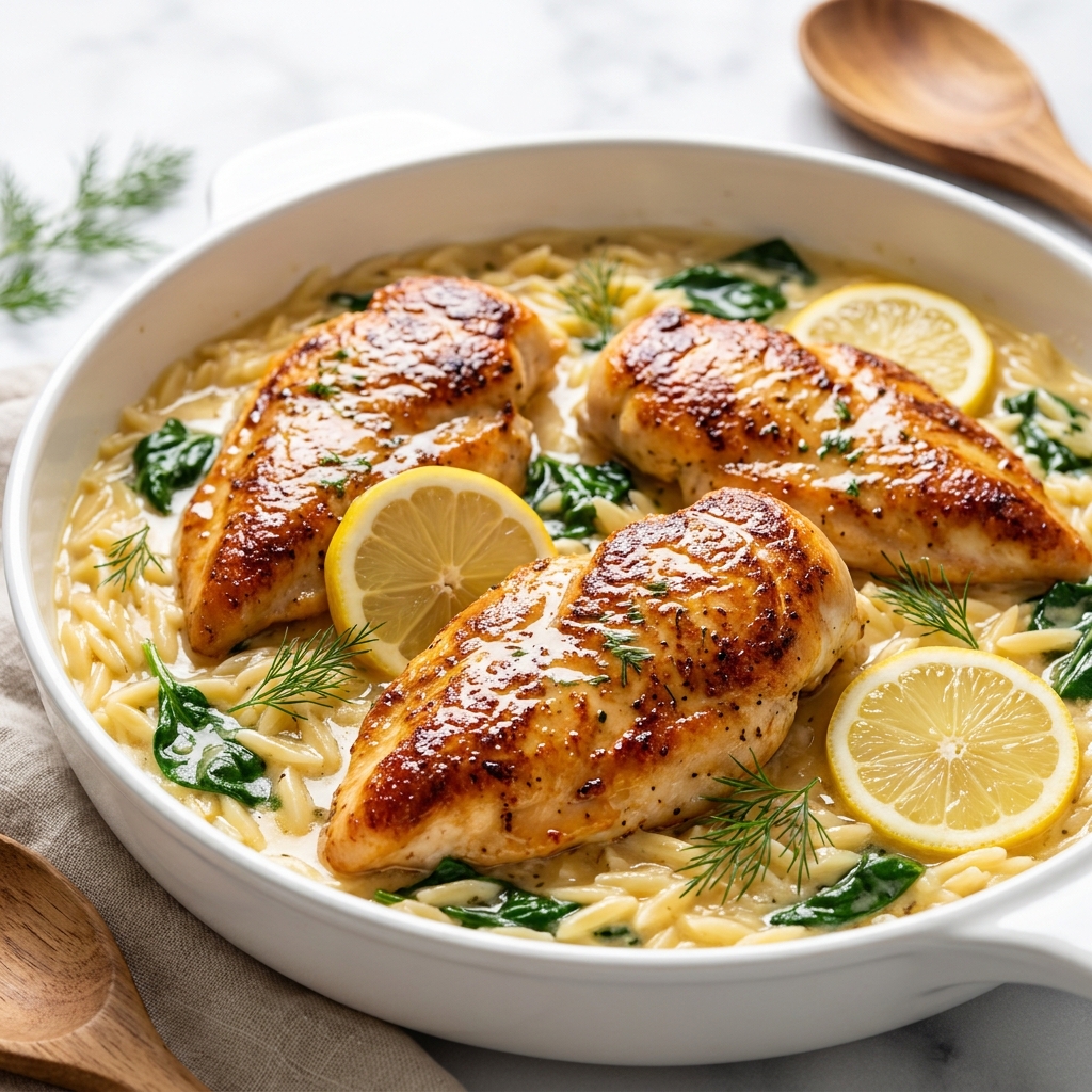 Finished creamy lemon chicken orzo served in a white bowl with lemon wedges