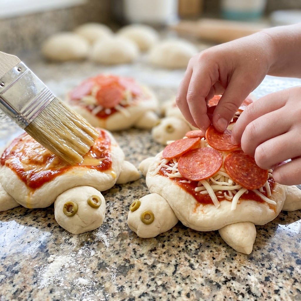 Shaping mini pizza dough into turtle shells with pepperoni and cheese