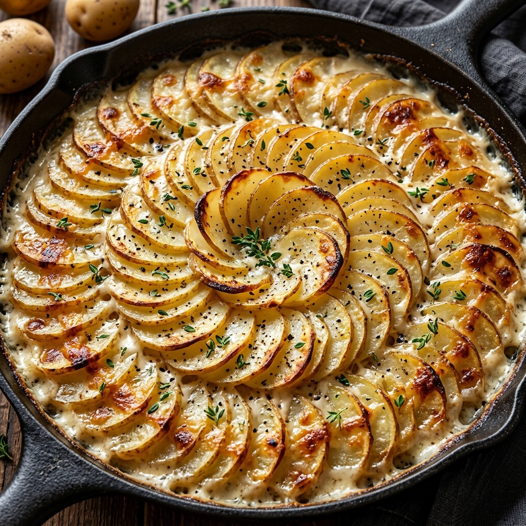 Golden and crispy potato gratin in a baking dish with bubbly cheese and herbs