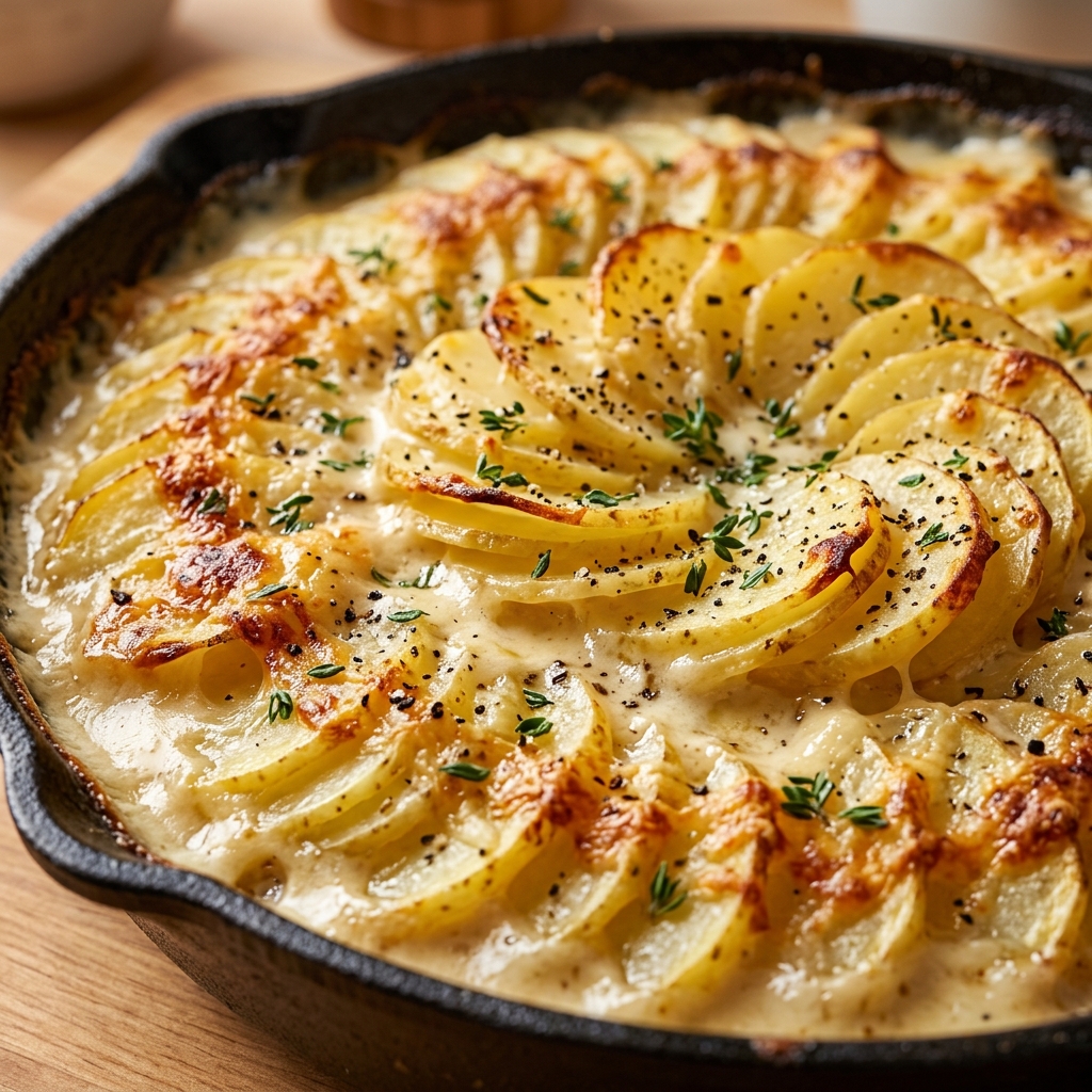 Layering sliced potatoes into a creamy garlic sauce for potato gratin