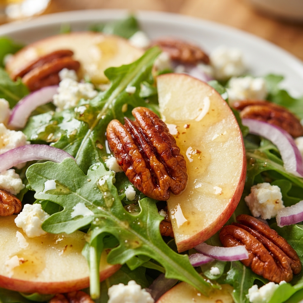 Apple arugula salad with maple pecans in a wooden bowl, top view