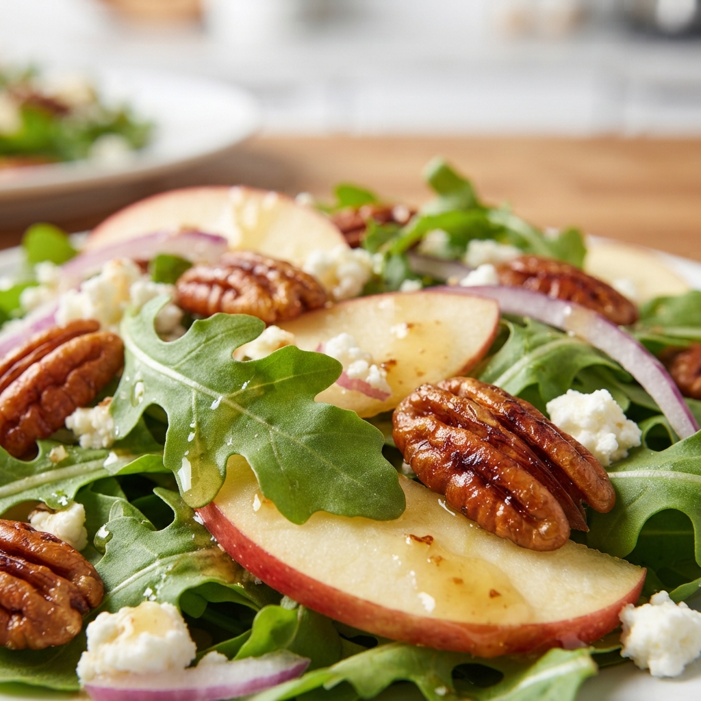 Tossing arugula and apples with maple vinaigrette in a large bowl