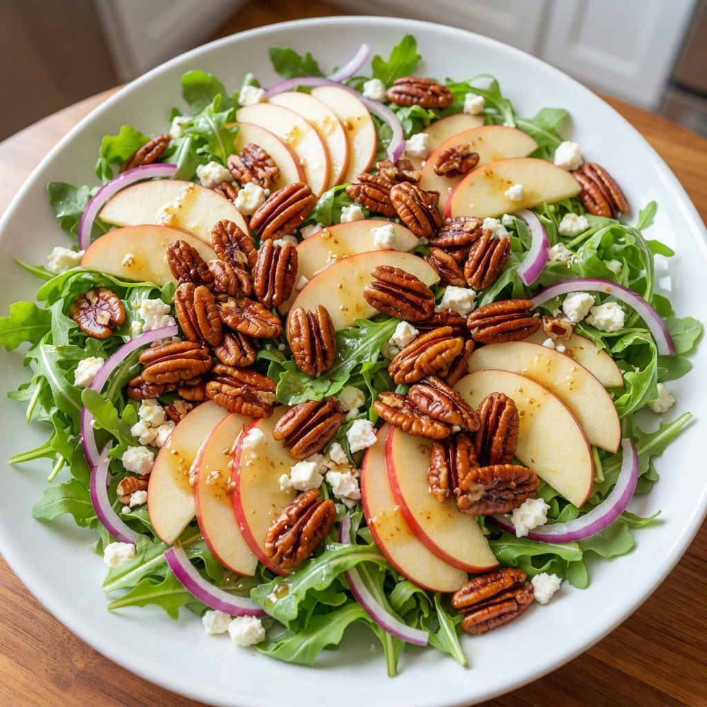 Plated apple arugula salad with candied pecans and shaved Parmesan