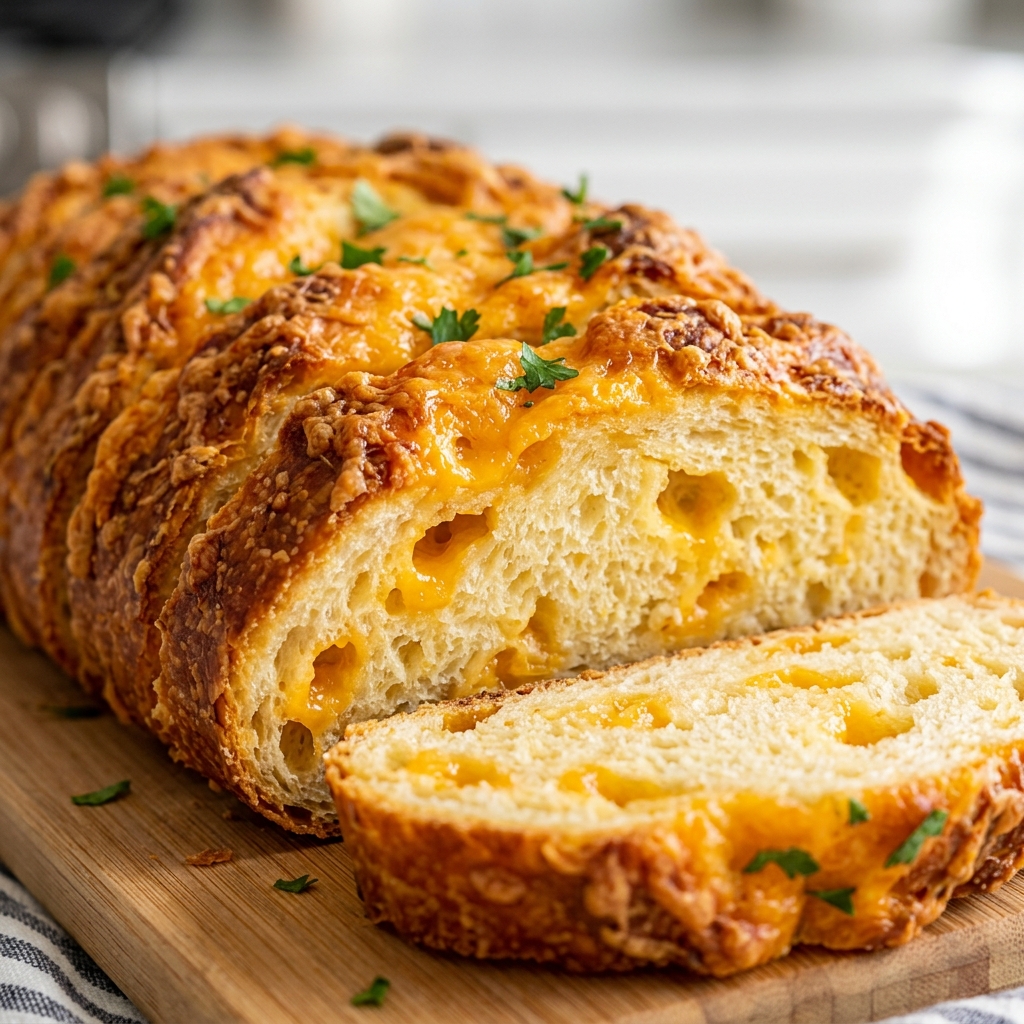 Cheesy bread being sliced, cheese stretching