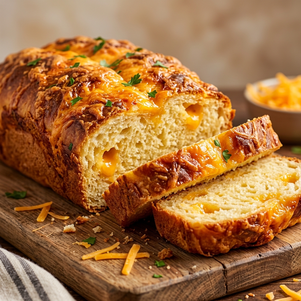 Crispy cheesy bread on a serving platter