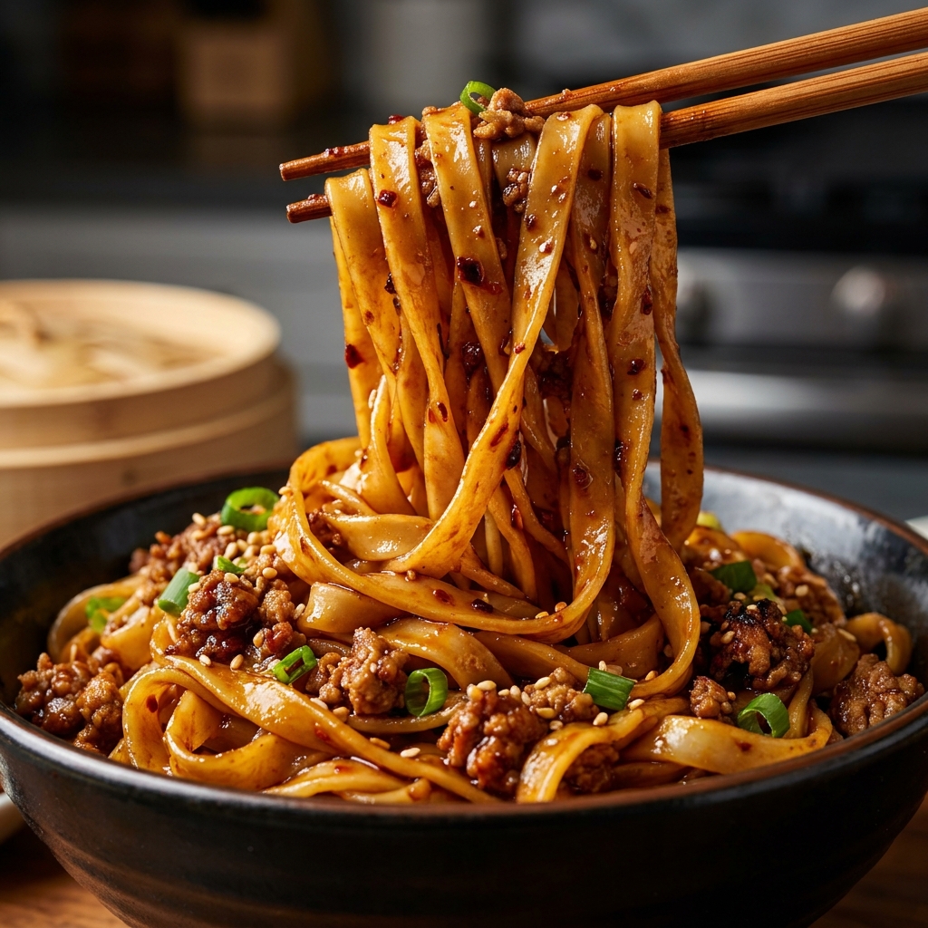 Crispy potsticker dumplings atop glossy noodle broth