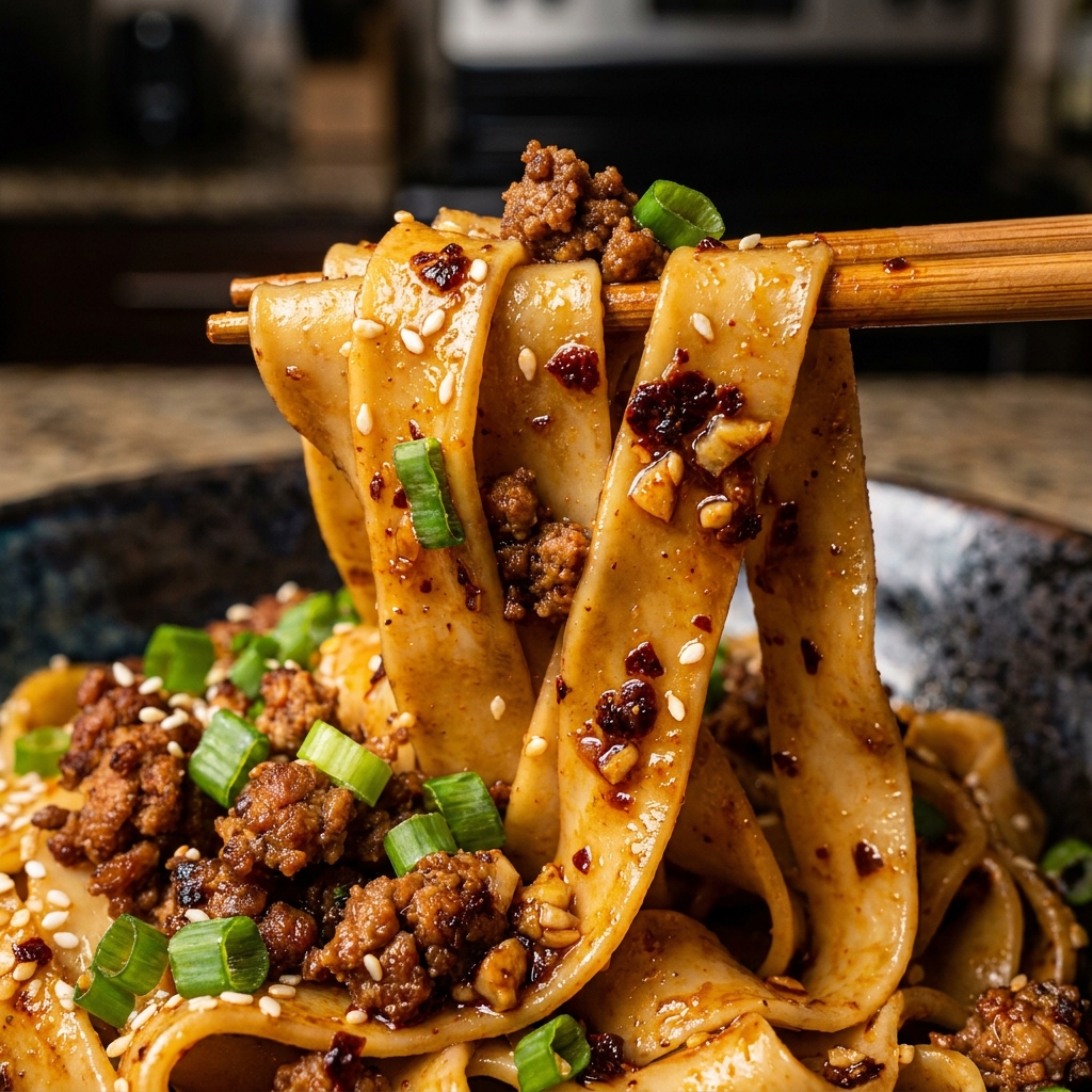 Stirring potsticker noodle bowl in a pan
