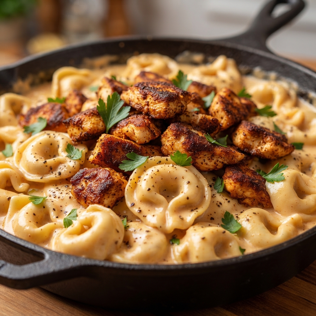 Creamy chicken Cajun tortellini in a white bowl