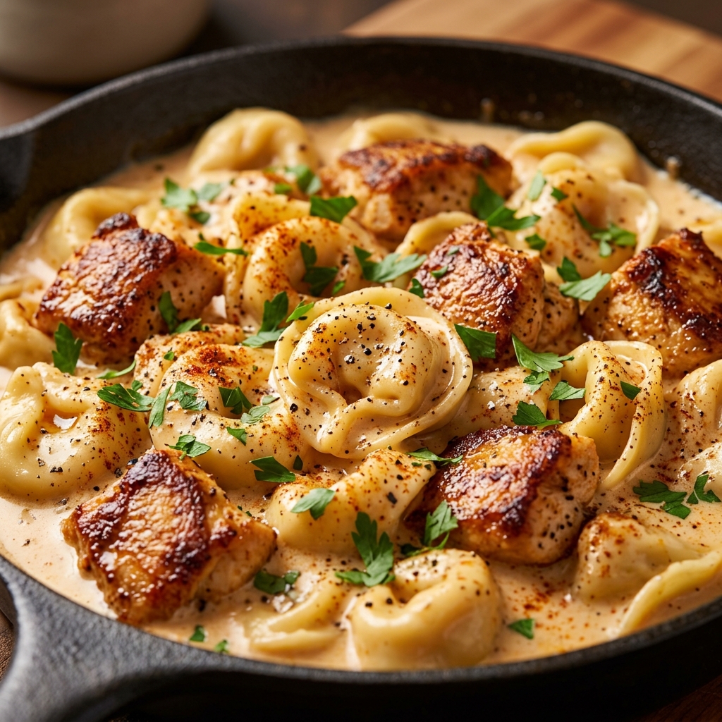Finished creamy chicken Cajun tortellini topped with parsley