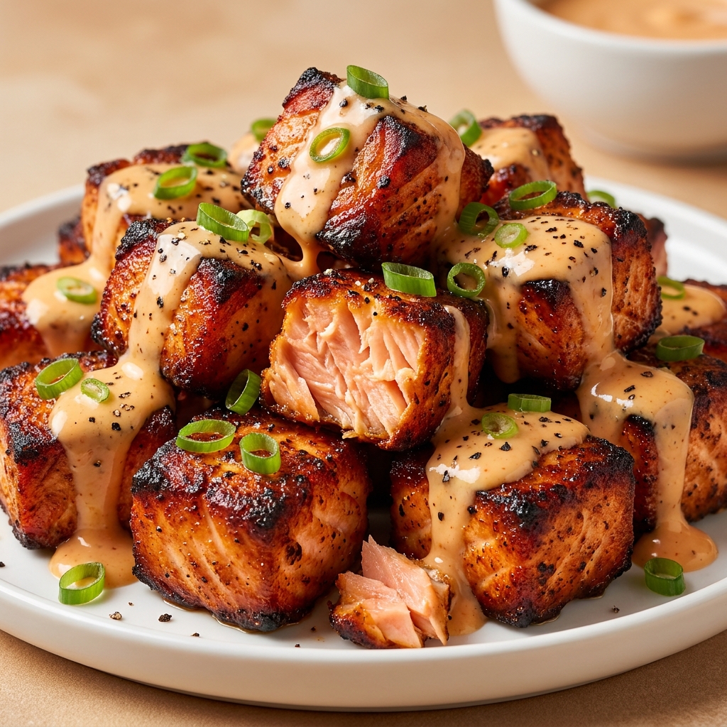 Salmon cubes being coated with panko mixture