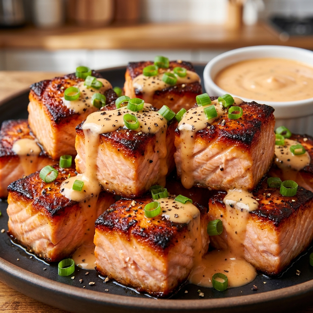 Golden Bang Bang Salmon Bites drizzled with sauce