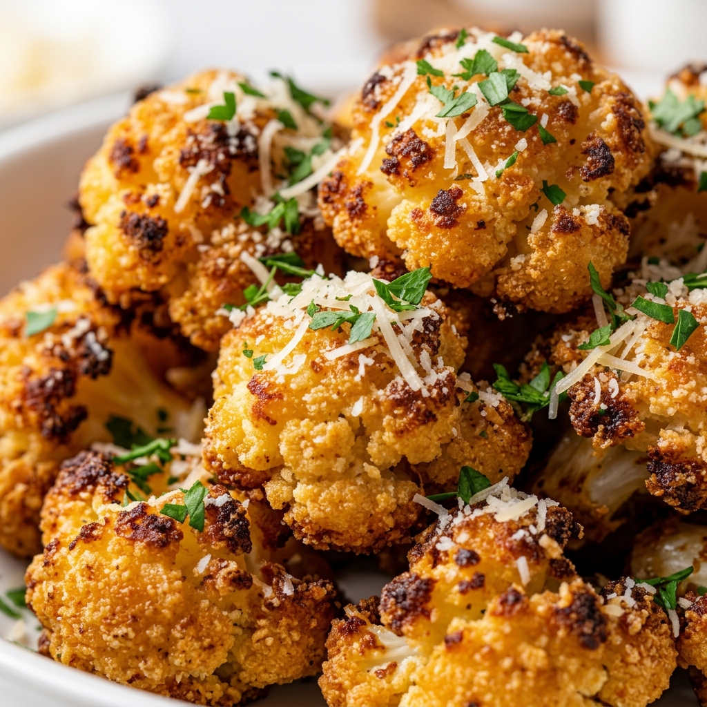 Golden crispy parmesan cauliflower bites on a plate