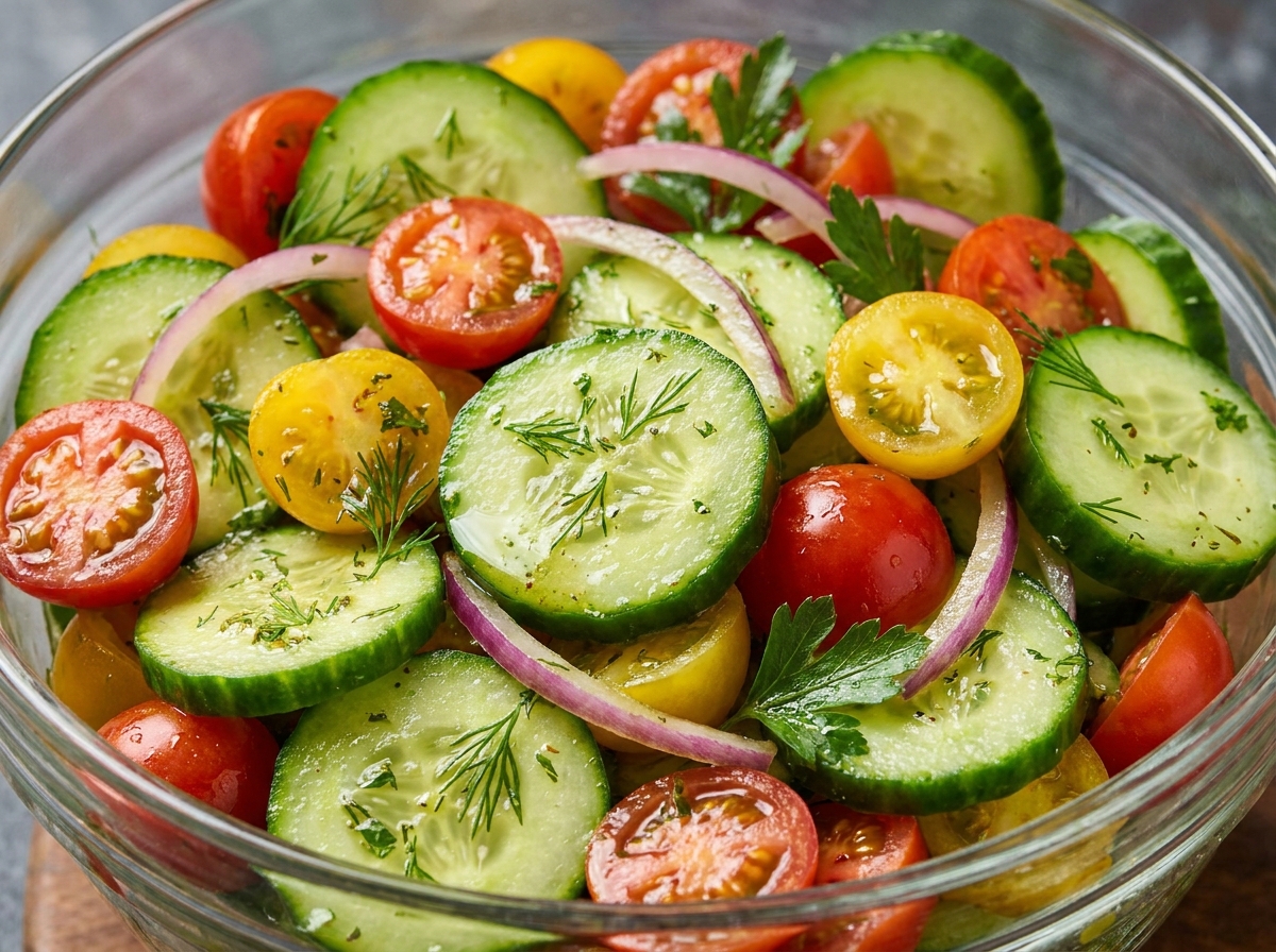 Bright cucumber tomato salad in a bowl