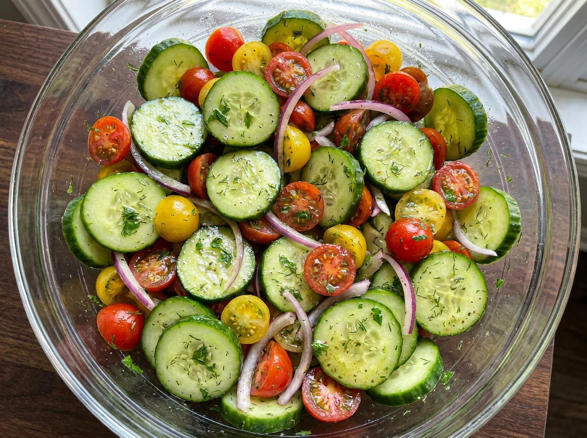 Mixing cucumbers, tomatoes, and dressing