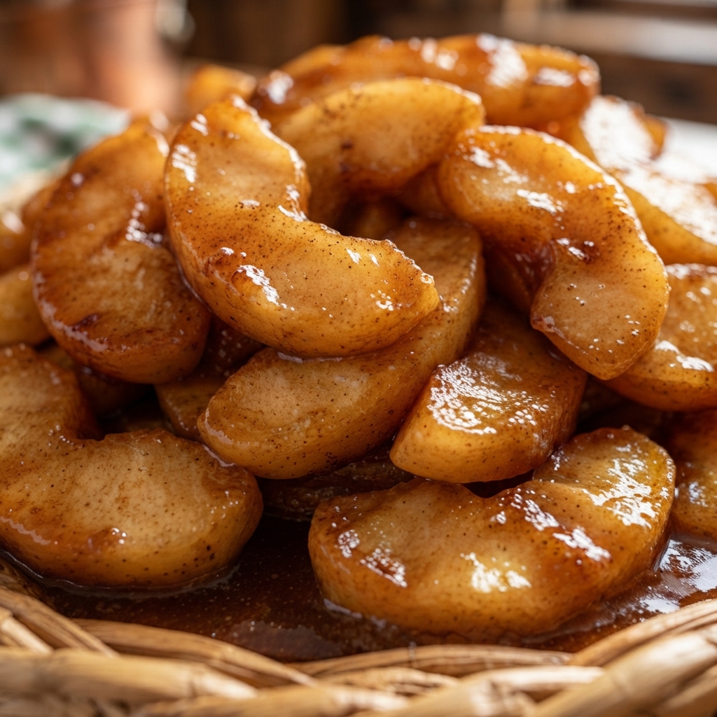 Apples being tossed in seasoned batter before frying