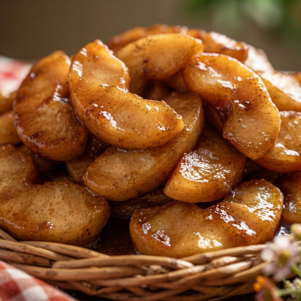 Crispy fried apples resting on paper towel, glossy and caramelized