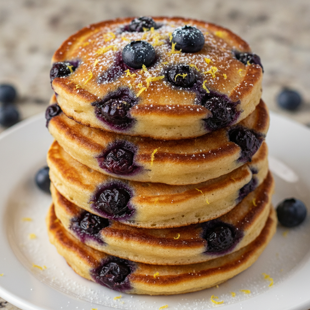 Close-up of a finished lemon blueberry cottage cheese pancake bite split open, revealing a soft interior with melted blueberries and a golden-brown crust.