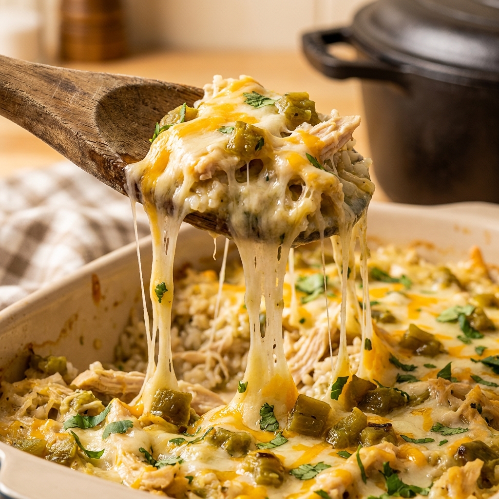 Green Chile Chicken Rice in a skillet