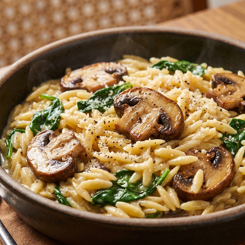 Golden garlic butter orzo with sautéed mushrooms and wilted spinach