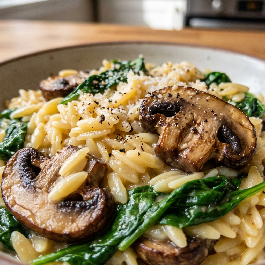 Stirring creamy orzo in a skillet