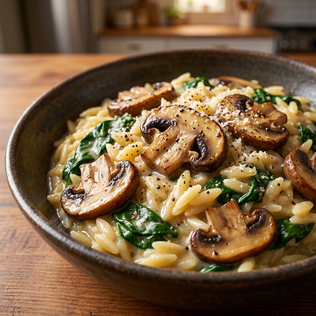 Bowl of creamy garlic butter orzo topped with Parmesan