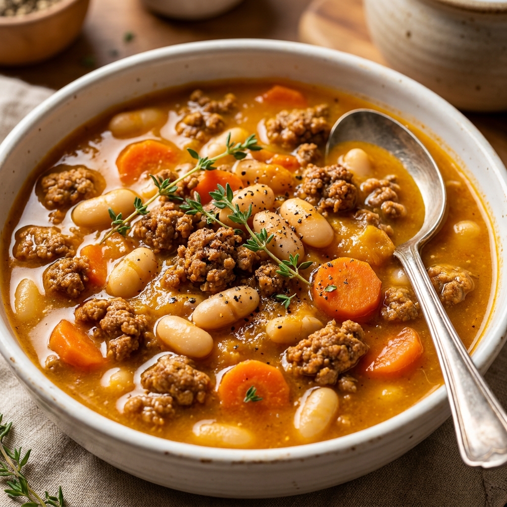 Bowl of Turkey Pumpkin Chili with beans and herbs